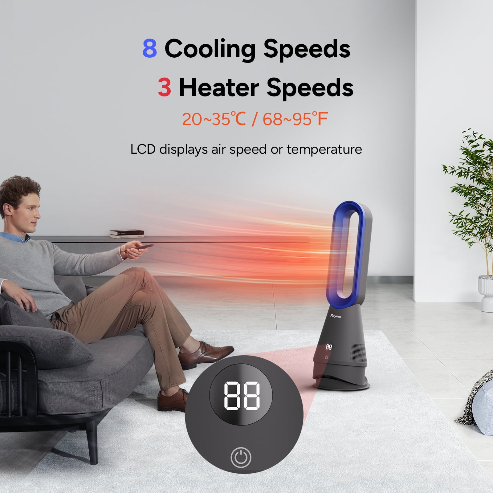 Faryuan 3-in-1 Bladeless Tower Fan & Space Heater with Filter, 80° Oscillating 10-Speed Cooling Fan with Remote, 9H Timer for Large Room, Blue