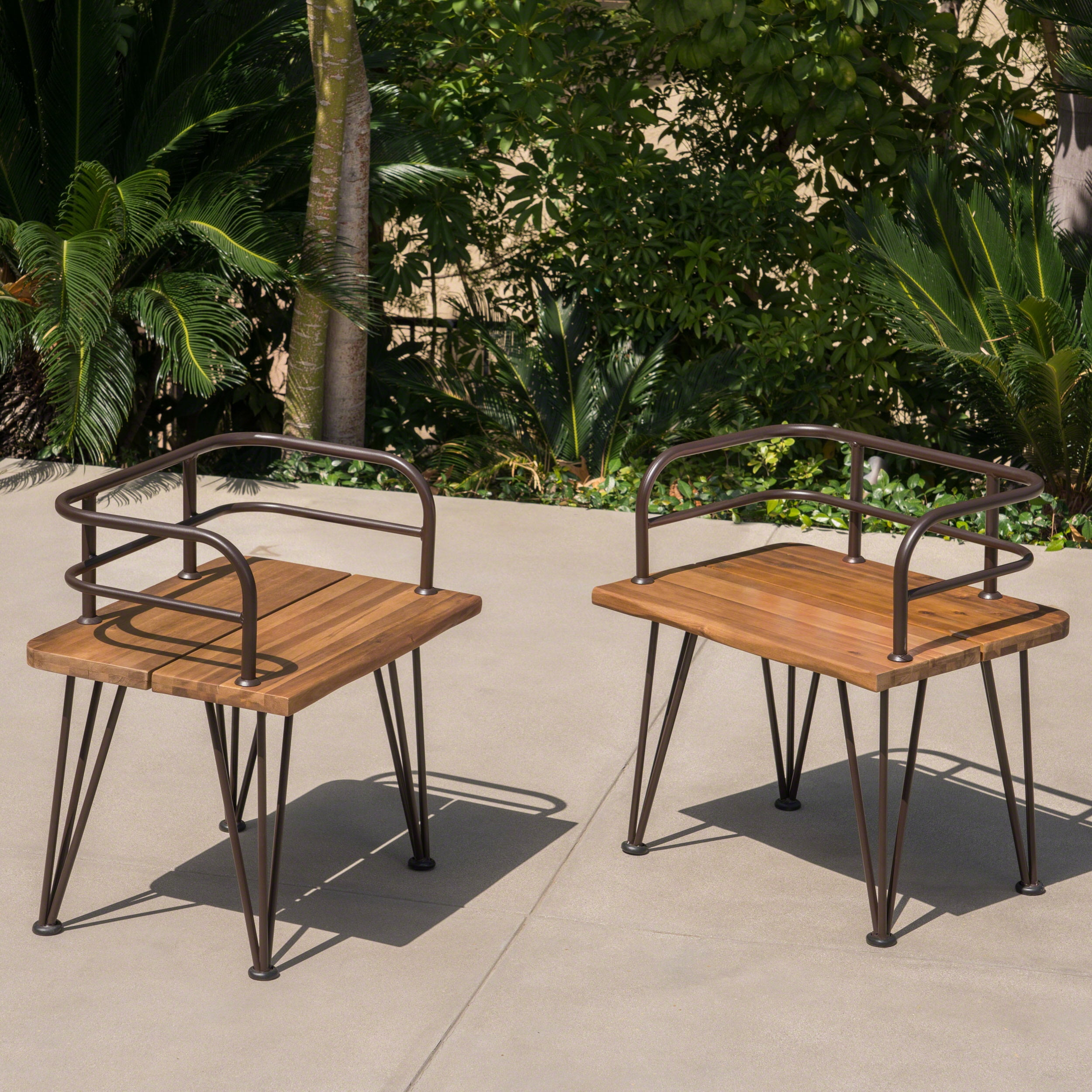 Euroco Set of 2 Rustic Industrial Outdoor Chairs with Acacia Wood Seat and Iron Frame, Teak Finish