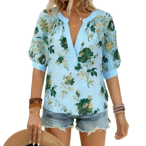 Linen Summer Tops for Women Loose Fit Floral Printed Hawaiian Shirt V Neck Elbow Length Short Sleeve T-Shirts (XL, Light Blue)