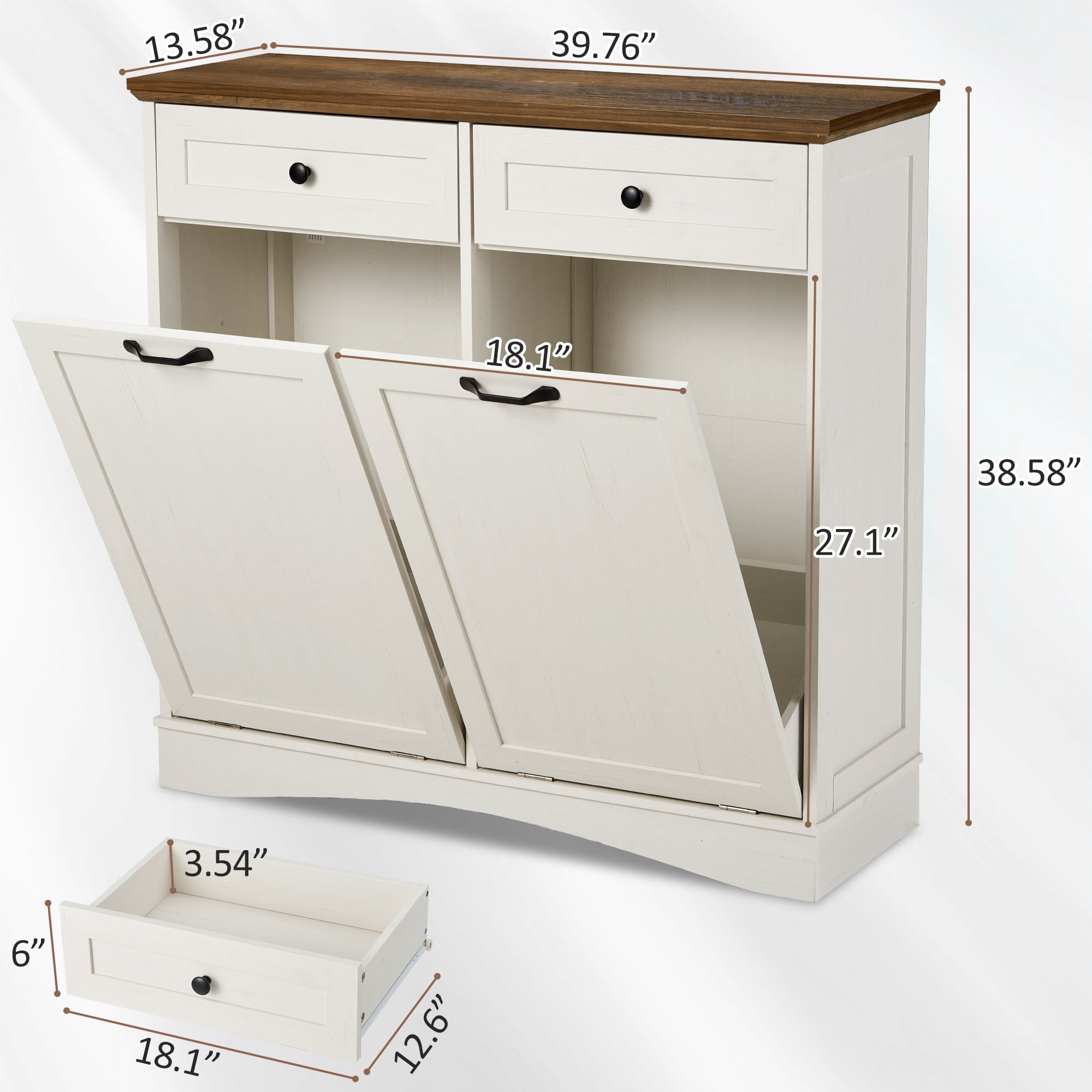 HARIPUL Double Tilt Out Trash Cabinet, 26 Gallon Trash Can Cabinet with Drawers & Handles for Kitchen, White/Dark Brown Top