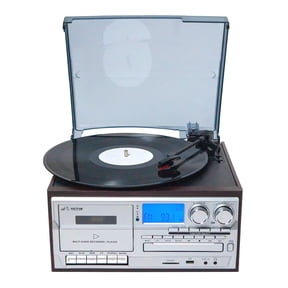 Open Box Victor Cosmopolitan 8-in-1 Turntable Center with Built-in Speakers, Espresso (VWRP-4200-ES)