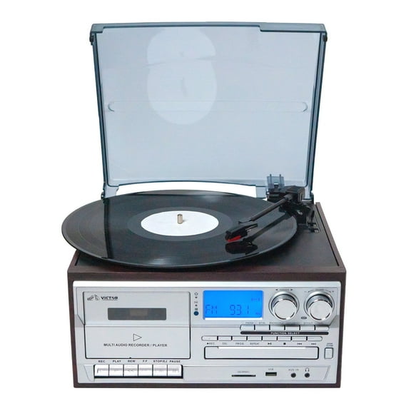 Victor VWRP-4200 Cosmopolitan 8-in-1 Turntable Music Center with 3-Speed Record Player, CD/MP3/Cassette Player, AM/FM Radio, Dual Bluetooth in & Out, USB Playback & Recording