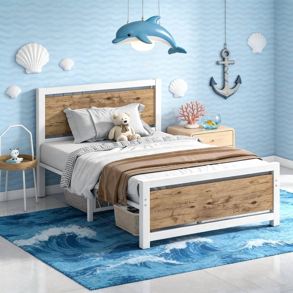 4 EVER WINNER Twin Size Bed Frames with Headboard, Industrial Twin Size with Wooden Footboard, Noise-Free, Easy Assembly, White