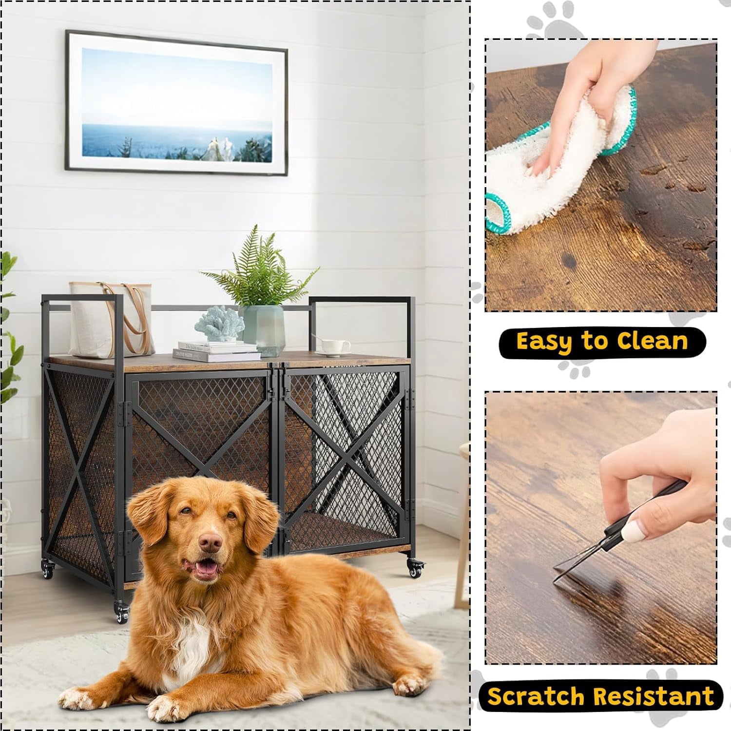 Garvee 41in Dog Crate Furniture, Rustic Brown Heavy Duty Wooden Dog Kennel with Lockable 360° Wheels, Double Door Pet Cage End Table for Small, Medium & Large Dogs