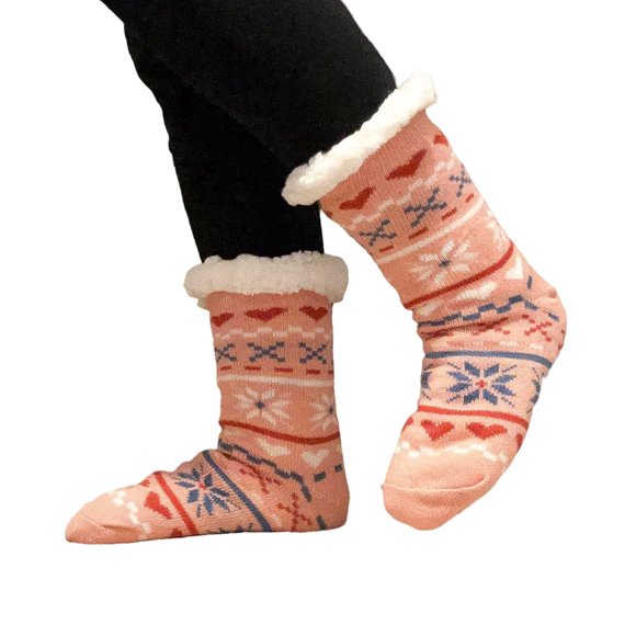 Chaussettes en Peluche Épaisses Doublées de Molleton Antidérapantes, Motif de Pantoufles Chandail de Noël Laid Duveteux, Rose avec Cœurs (une Paire) Coupe Miss Boutique