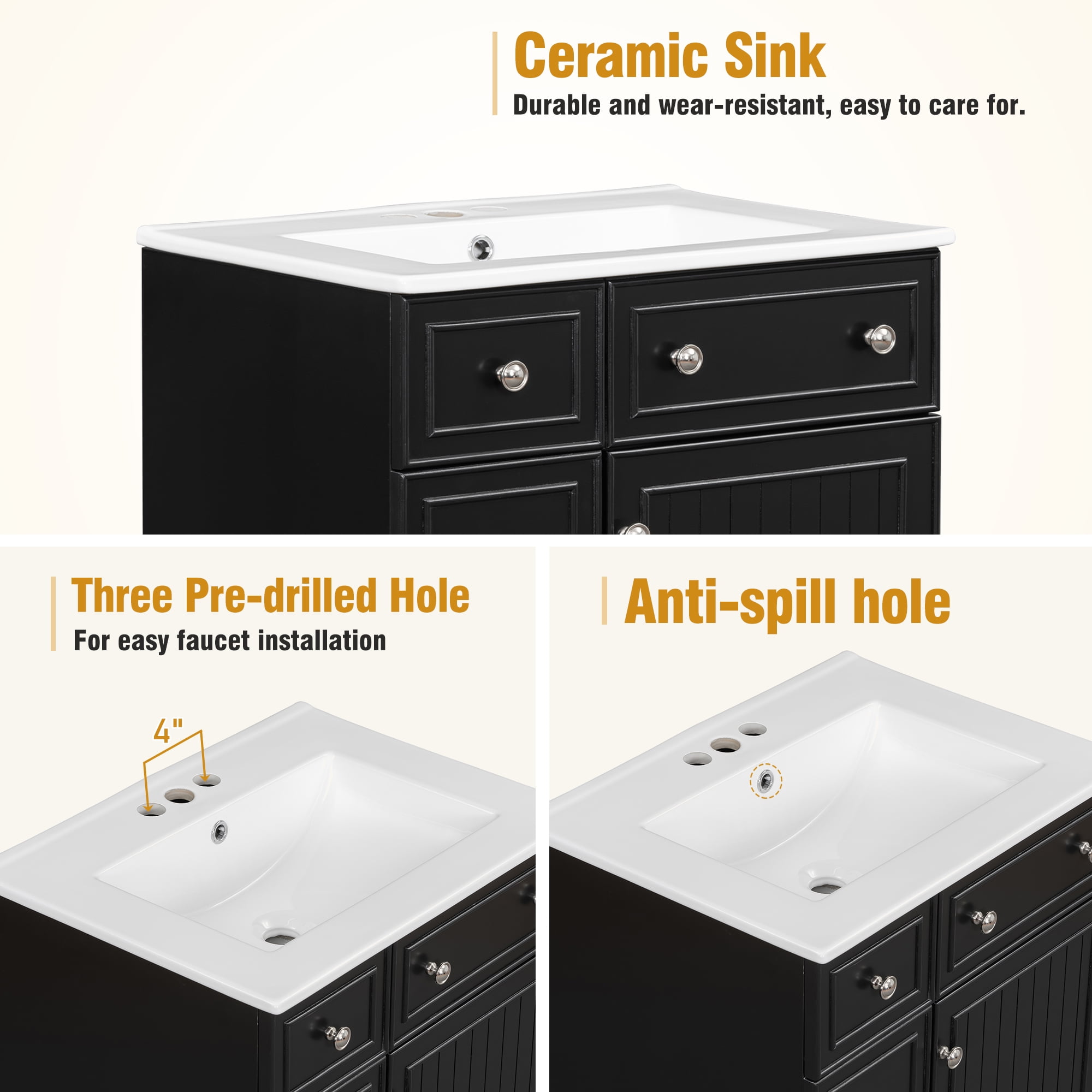 Homy Casa 24 Inch Bathroom Vanity with Sink, Ceramic Top, Drawers and Doors, Black