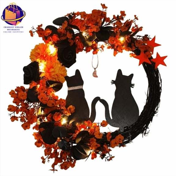 Black Cat Wreath Halloween Decor for Home, Spooky Halloween Decorations Crescent Wreath for Front Door Window Home Holiday Party