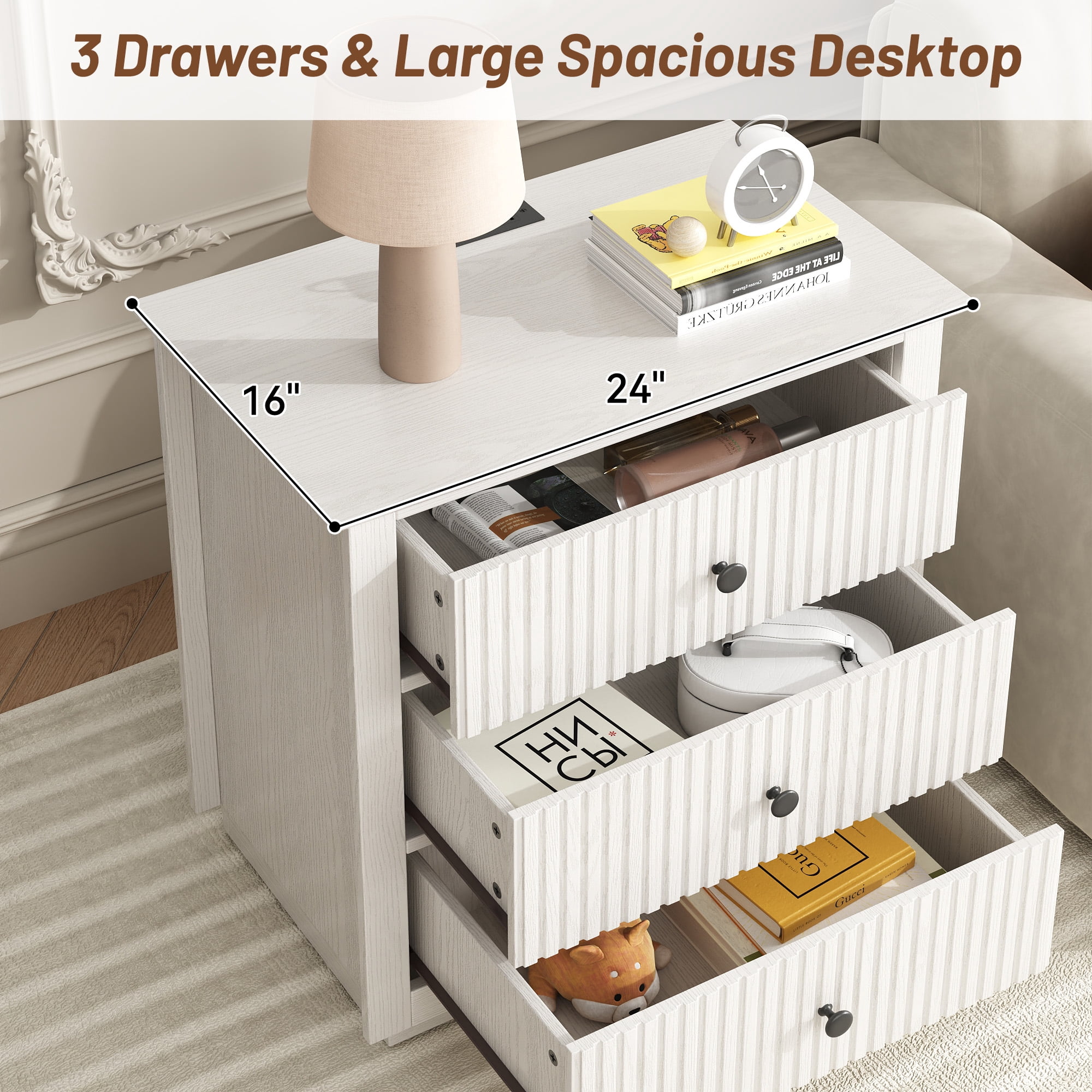 Modern Nightstand with Charging Station & 3 Drawers, 24 Inch Wide Bedside Table Set of 2 for Bedroom and Living Room, Large Storage End Table with Fluted Design, White