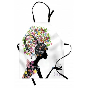 Zodiac Scorpio Apron Fashion Girl Silhouette with Colorful Blossoming Floral Dress and Hairstyle, Unisex Kitchen Bib Apron with Adjustable Neck for Cooking Baking Gardening, Multicolor, by Ambesonne
