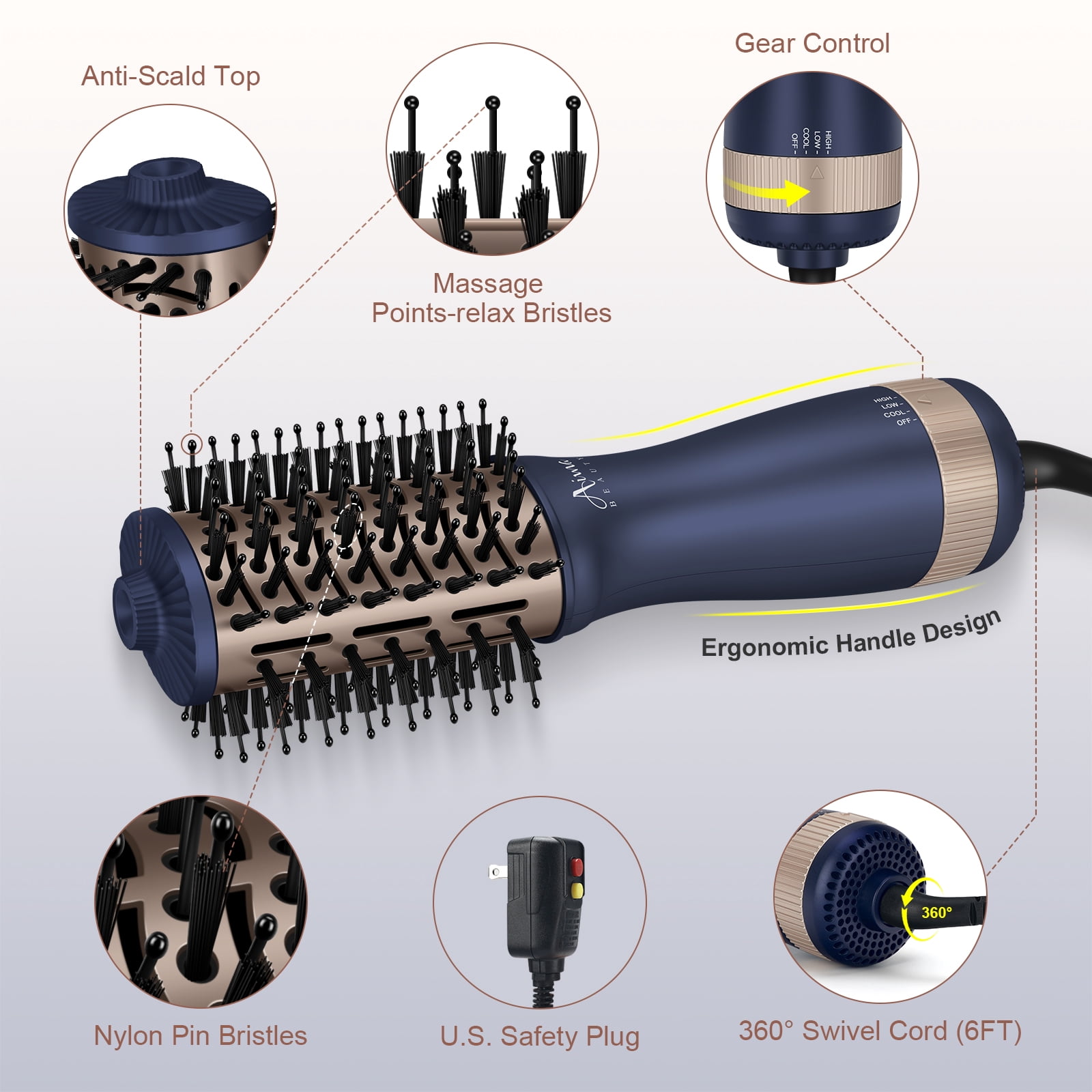 Aima Beauty Mini Travel Hair Dryer Brush, Automatic Dual Voltage Volumizing Hot Air Brush, Lightweight & Compact for Global Use, Prussian Blue