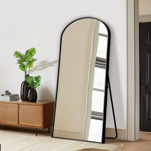 MAYEERTY 71"x32" Arched Full Length Mirror with Stand, Aluminum Alloy Frame Large Mirror for Bedroom, Black