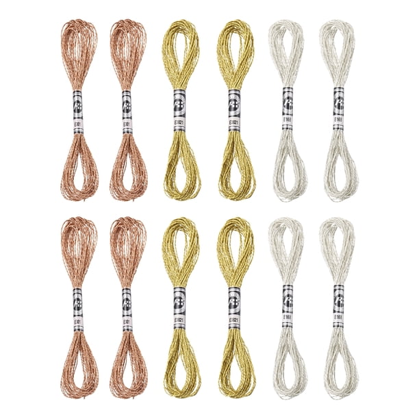 Uxcell 12 Madejas de Hilo de Bordado, Hilo de Bordado Metálico Bronce/Plata/Dorado Claro