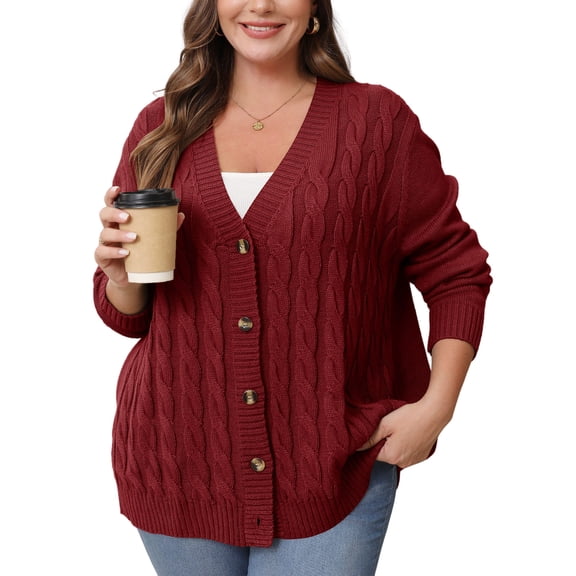 Daystry Women's Plus Size Fall Winter Long Sleeve Chunky Cable Knit Sweater Open Front Cardigan Button Loose Sweaters