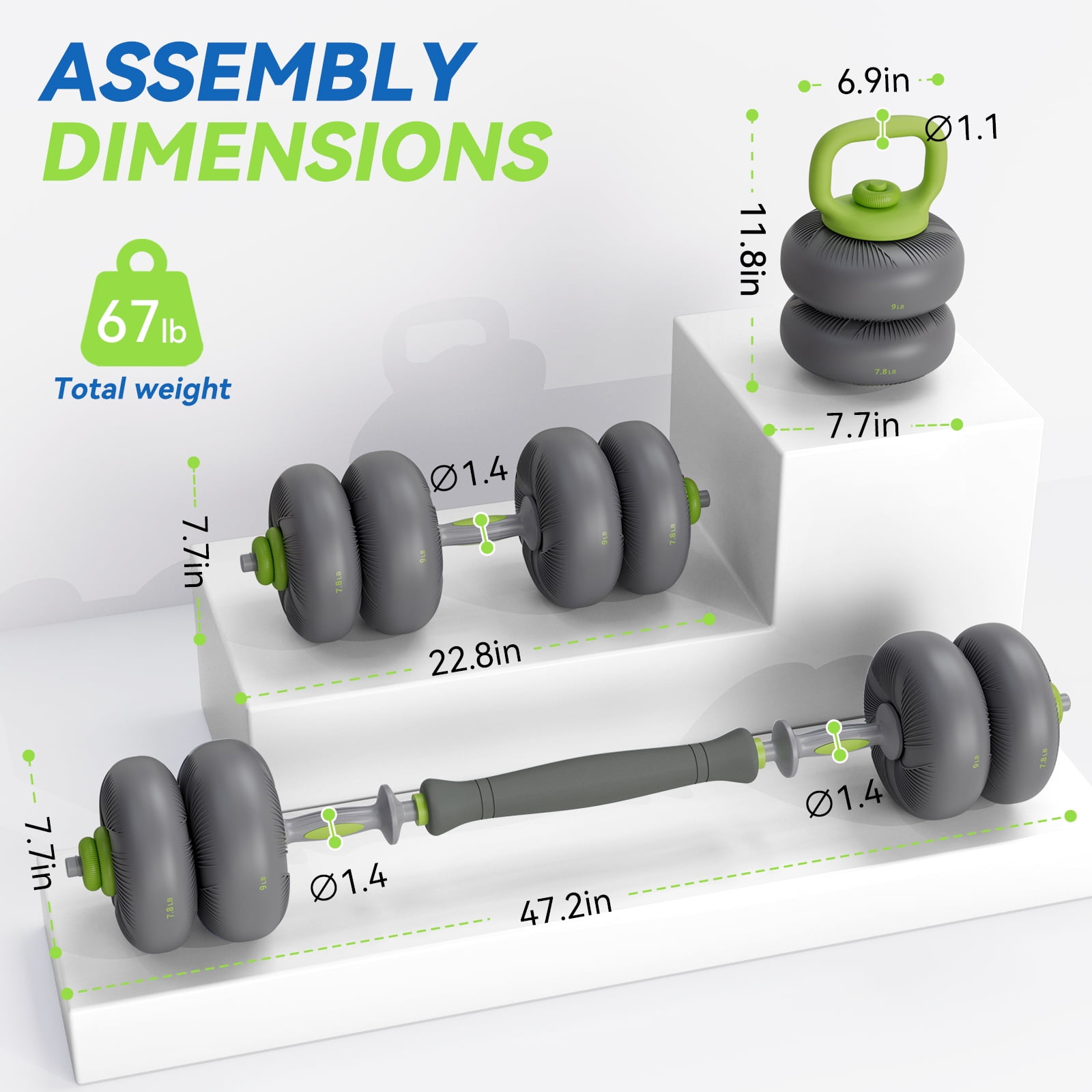 TLGREEN Adjustable Dumbbell Set, 45lbs/67lbs Free Weight Set, 4-in-1 Used as Barbell, Dumbbells, Kettlebell, Weight Plates, Soft Rubber Coated, Space Saving Fitness Exercise for Men/Women
