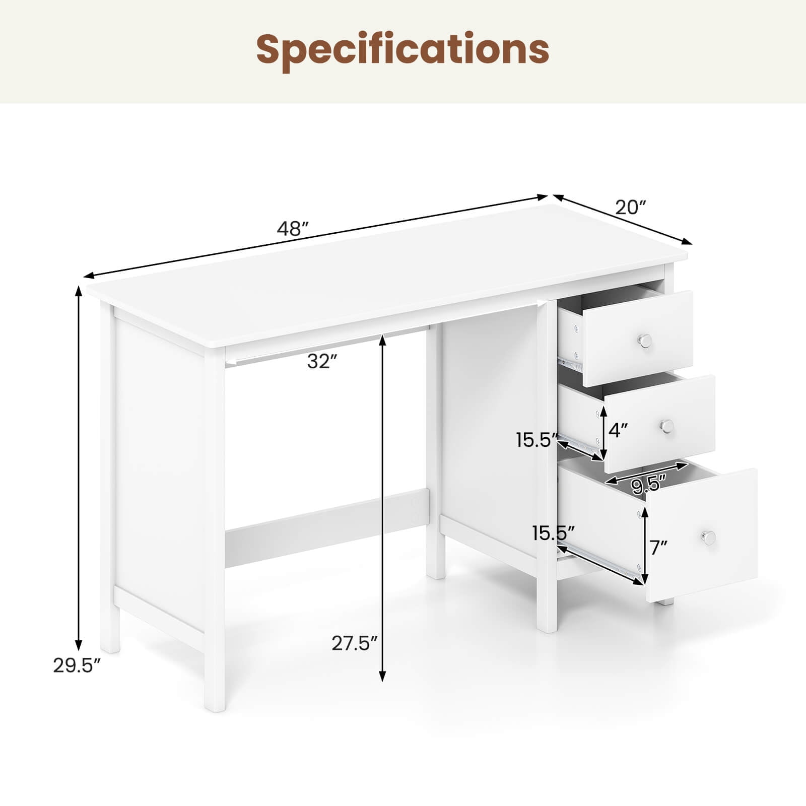 Costway Computer Desk with 3 Drawers 48" Wide Writing Desk with Storage Anti-tip Kit White