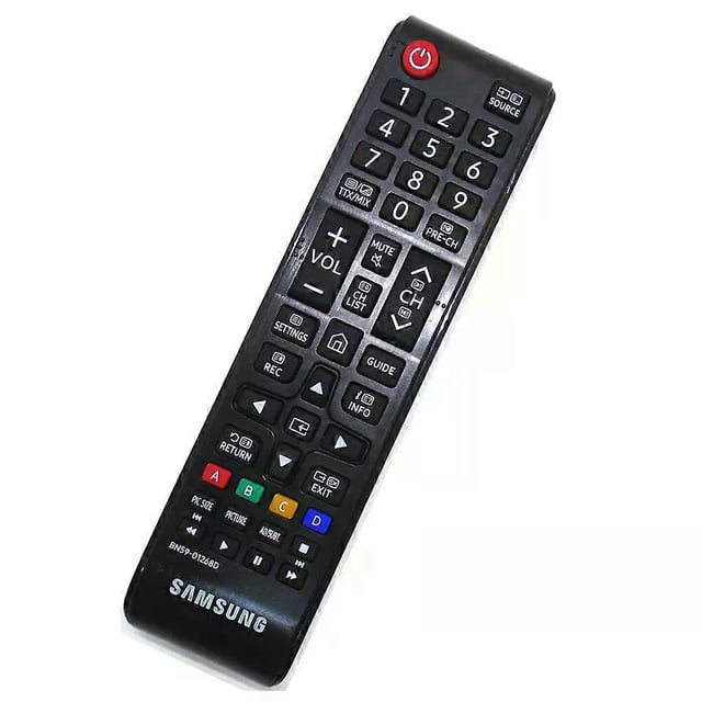 new genuine bn59-01268d para samsung tv control remoto mu8000 mu9000 q7c q7f q8c Control remoto de reemplazo BN59-01268D, vista frontal en 3/4; mando negro alargado con logo Samsung en la base, botón de encendido rojo, teclado numérico, botones de volumen (+VOL) y canal (CH), pad direccional con botón OK, botones de guía/menú y cuatro botones de color A B C D. Compatible con modelos MU8000, MU9000 y los modelos listados; incluye solo el control remoto sin baterías ni manual. Apto como reemplazo directo para televisores Samsung compatibles.