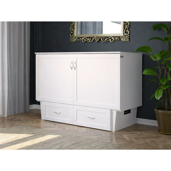 Murphy Bed Chest with Mattress & Charging Station - Space Saving Furniture - White Finish