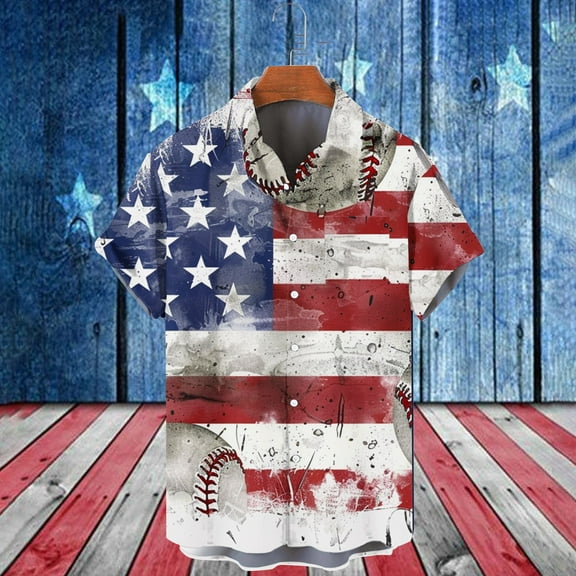 WAENQINLA Men's 4th of July Button-down Shirt Casual Short Sleeve Button down Hawaiian Shirts American Flag Independence Day Shirt