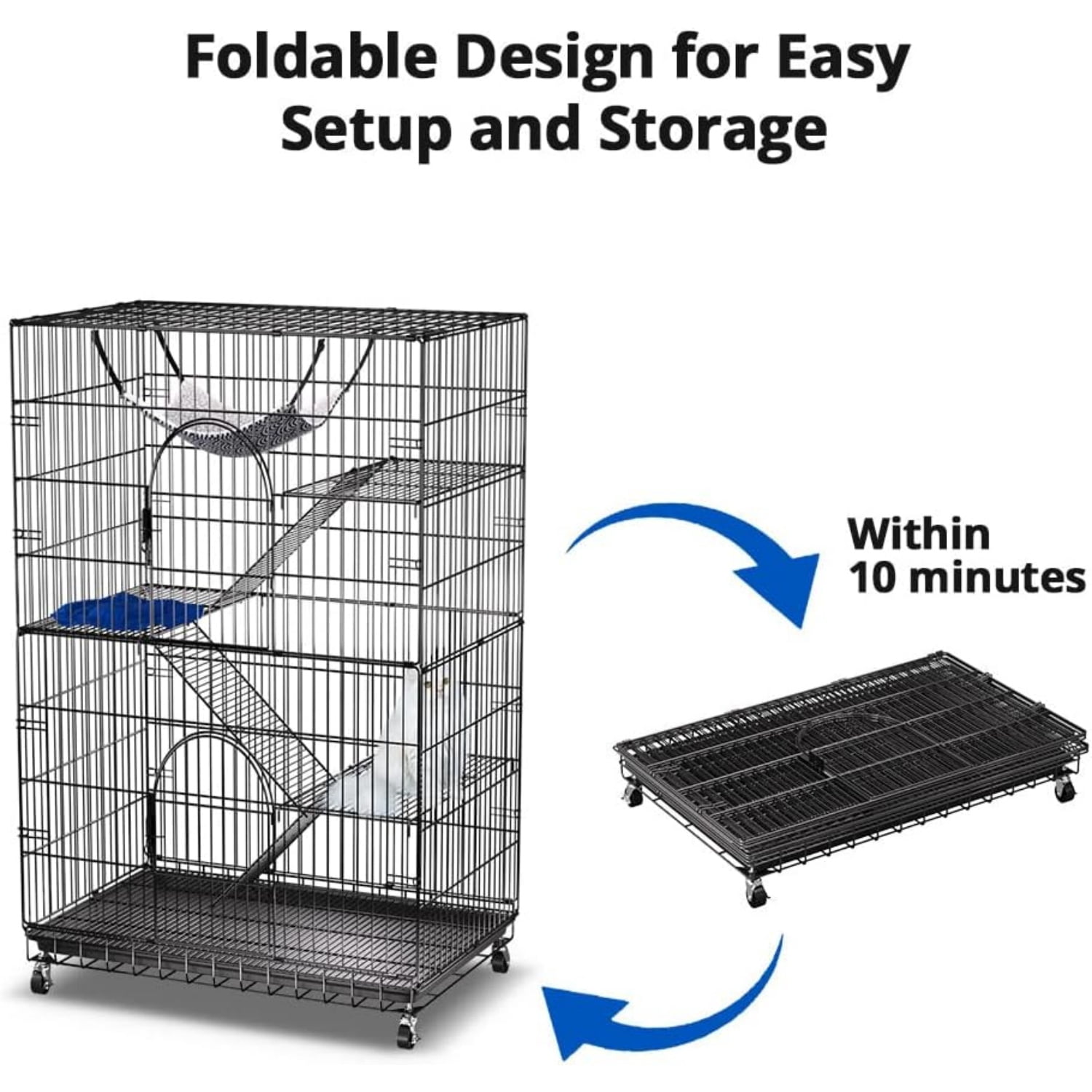 4-Tier Cat Cage 51 Inch Cat Crate Kennel Enclosure Playpen Large Metal Pet Cat Kitten Ferret Animal House Cage Indoor Outdoor with 2 Doors & 1 Hammock