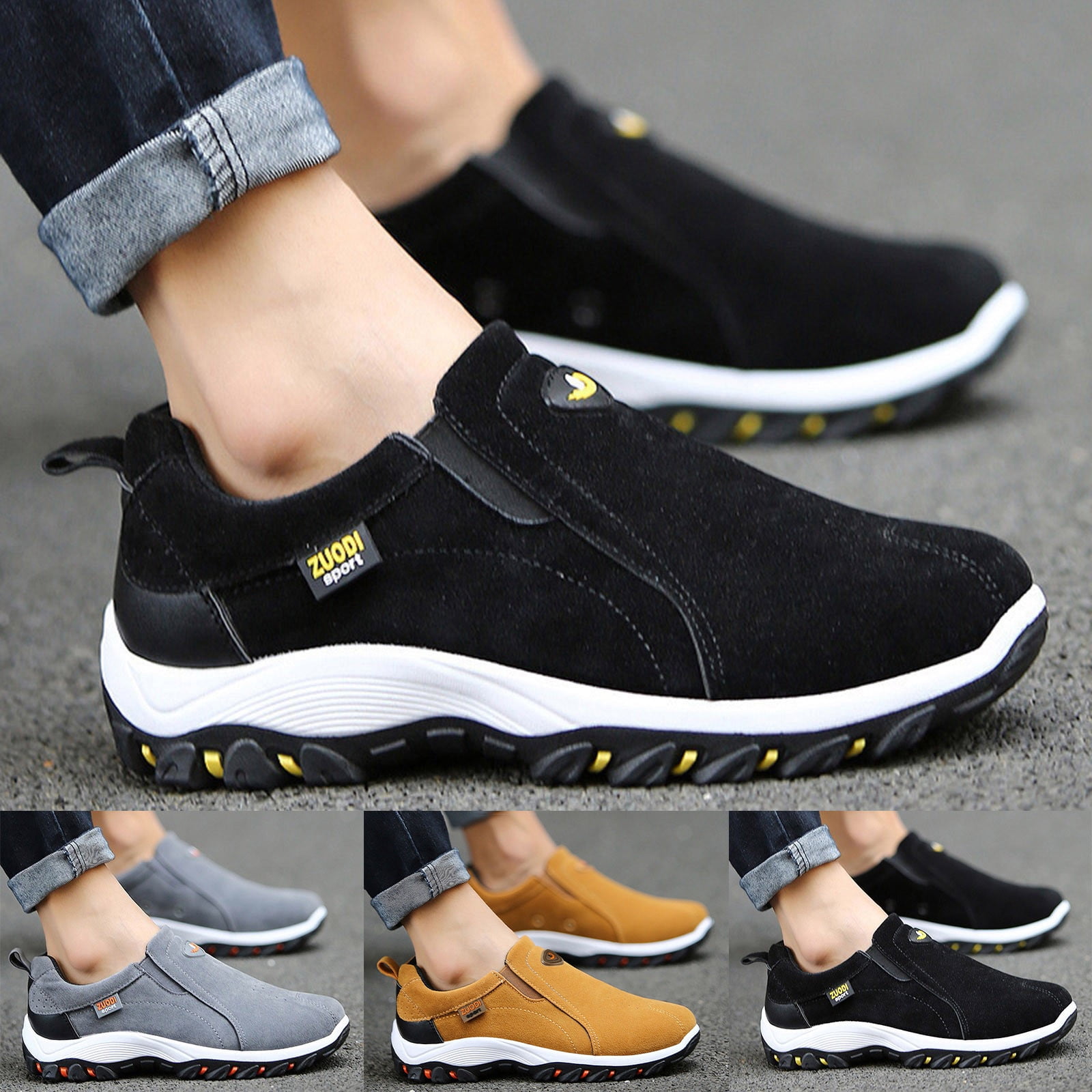 Dakaela Men's Slip on Loafer Walking Shoes Leather Wide Hiking Sneakers Trekking Casual Shoes Khaki 11.5