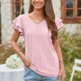 thumbnail image 2 of Camiseta de mujer Mangas cortas con volantes Capas dobles Cuello en V Agujeros huecos Top informal de verano Rosa XL, 2 of 6
