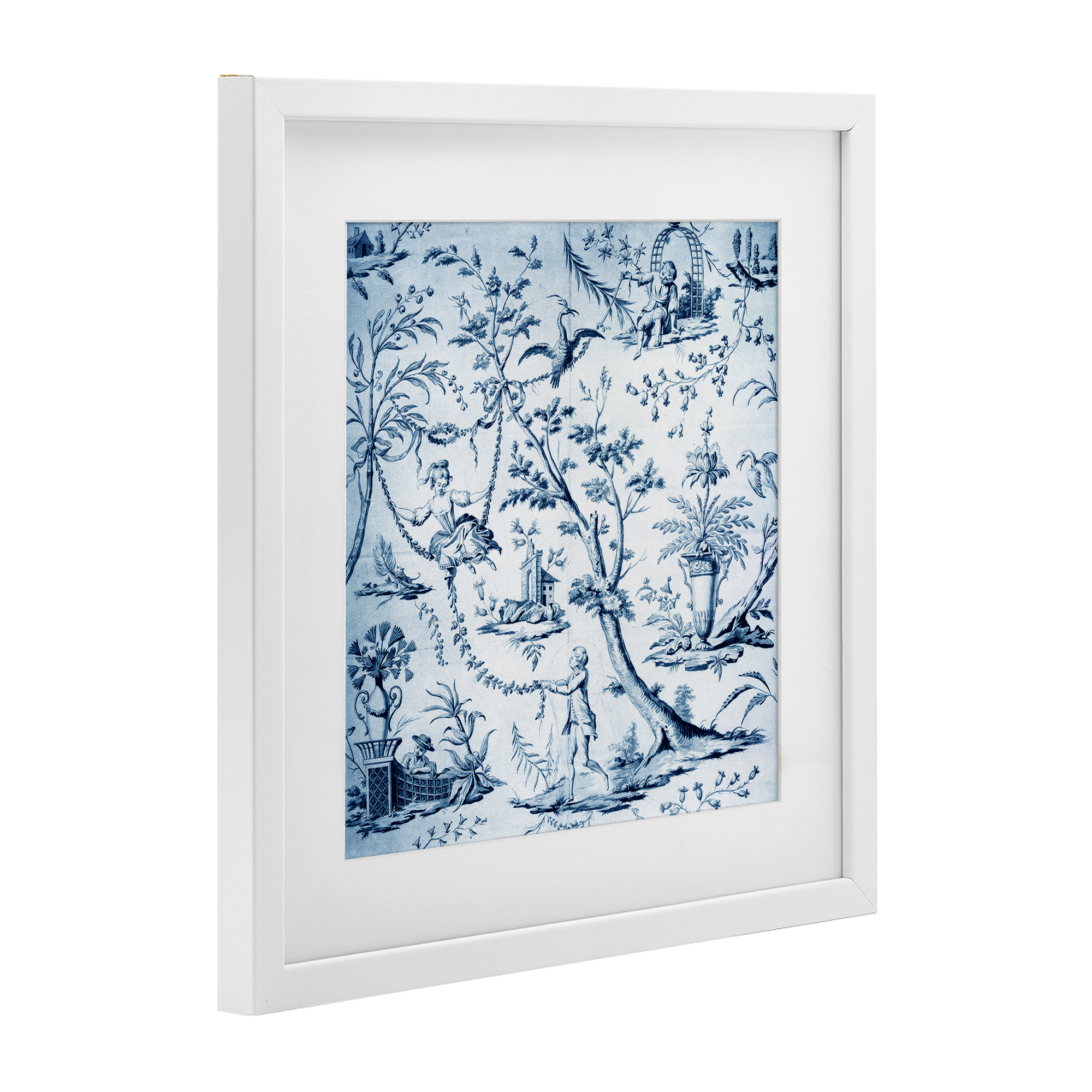 Vintage Toile Scene White Framed Print Under Glass, design by Vintage Hustle