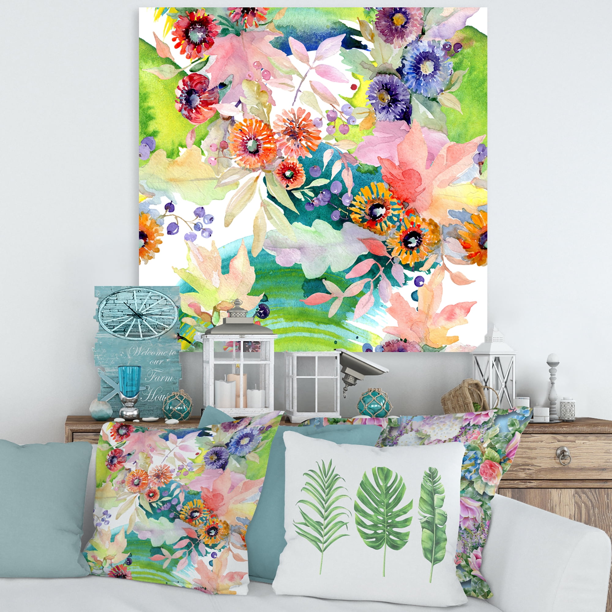 Wildflowers and Vibrant Wild Spring Leaves II 30 in x 30 in Painting Canvas Art Print, by Designart