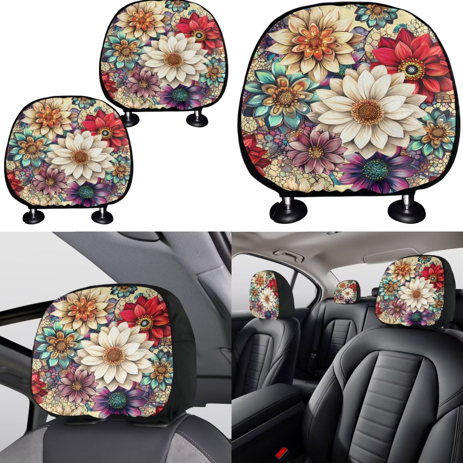 Garronmavis Auto Seat Cover with Headrest Cover Cup Coasters Handbrake Gear Shift Sleeve and Lanyaeds Key Chain Boho Flower Dahlia Fashion Fit Most Cars for Women 11-Pieces Interior Car Accessories