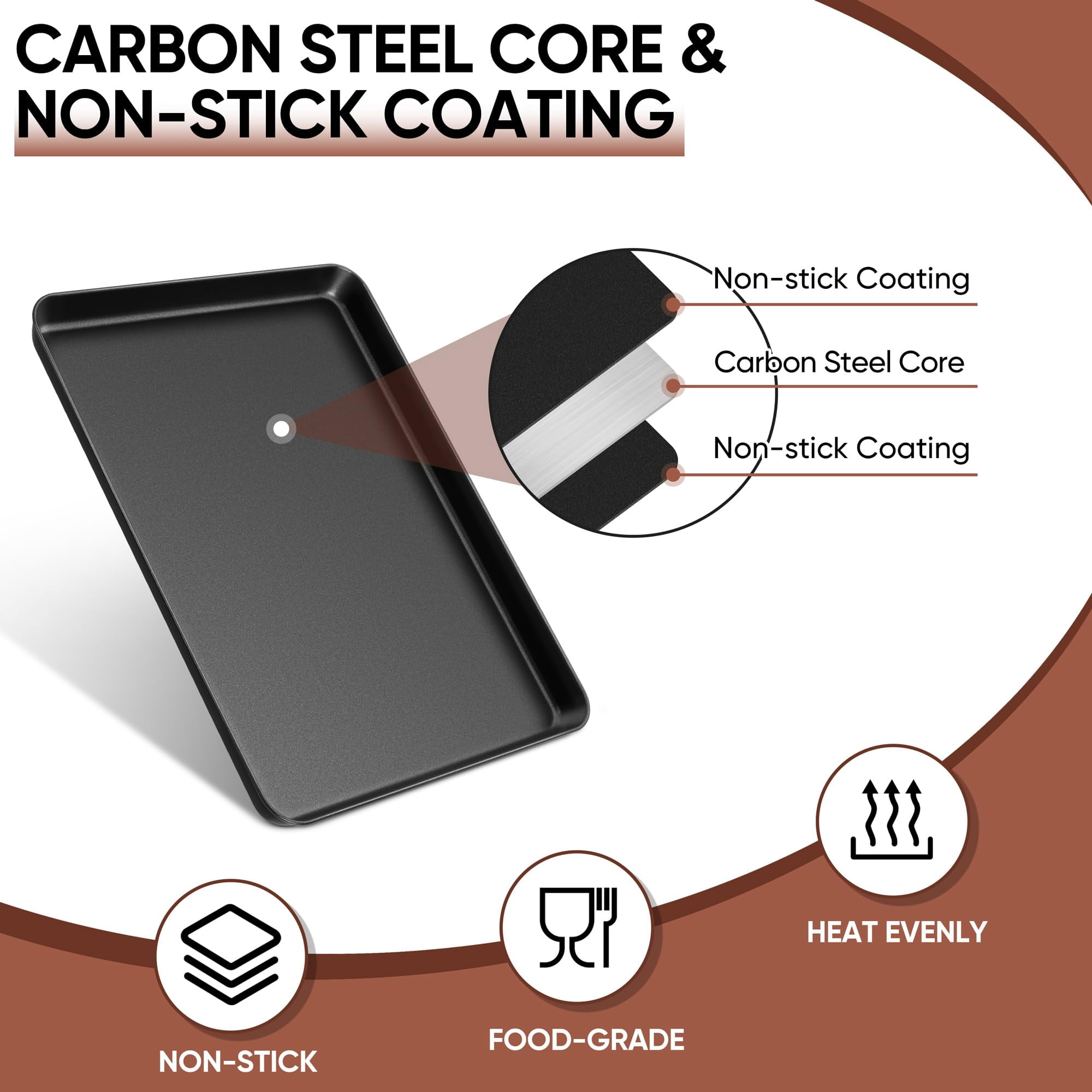 Baking Sheet Set Of 2  16" X 12" 1" Large Cookie Pan For Nonstick Carbon Steel Trays Oven Heat-resistant & Easy Clean Black