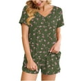 thumbnail image 3 of QATAINLAV Two Piece Sets for Women Summer, Casual V Neck Short Sleeve T Shirts and Shorts Matching Set Fashion Printed Pajamas Outfits, Army Green, XL, 3 of 9