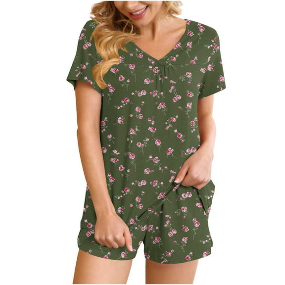 IROINNID Women V Neck Short Sleeve Two Piece Pajama Set Home Sleepwear Soft Home Pants with Pockets Casual Summer Nightwear Stretchy Printed Sleep Shorts for Women's(Army Green,L)