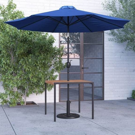 Merrick Lane 35" Square Faux Teak Outdoor Dining Table with Powder Coated Steel Frame, 9' Navy Adjustable Umbrella and Base