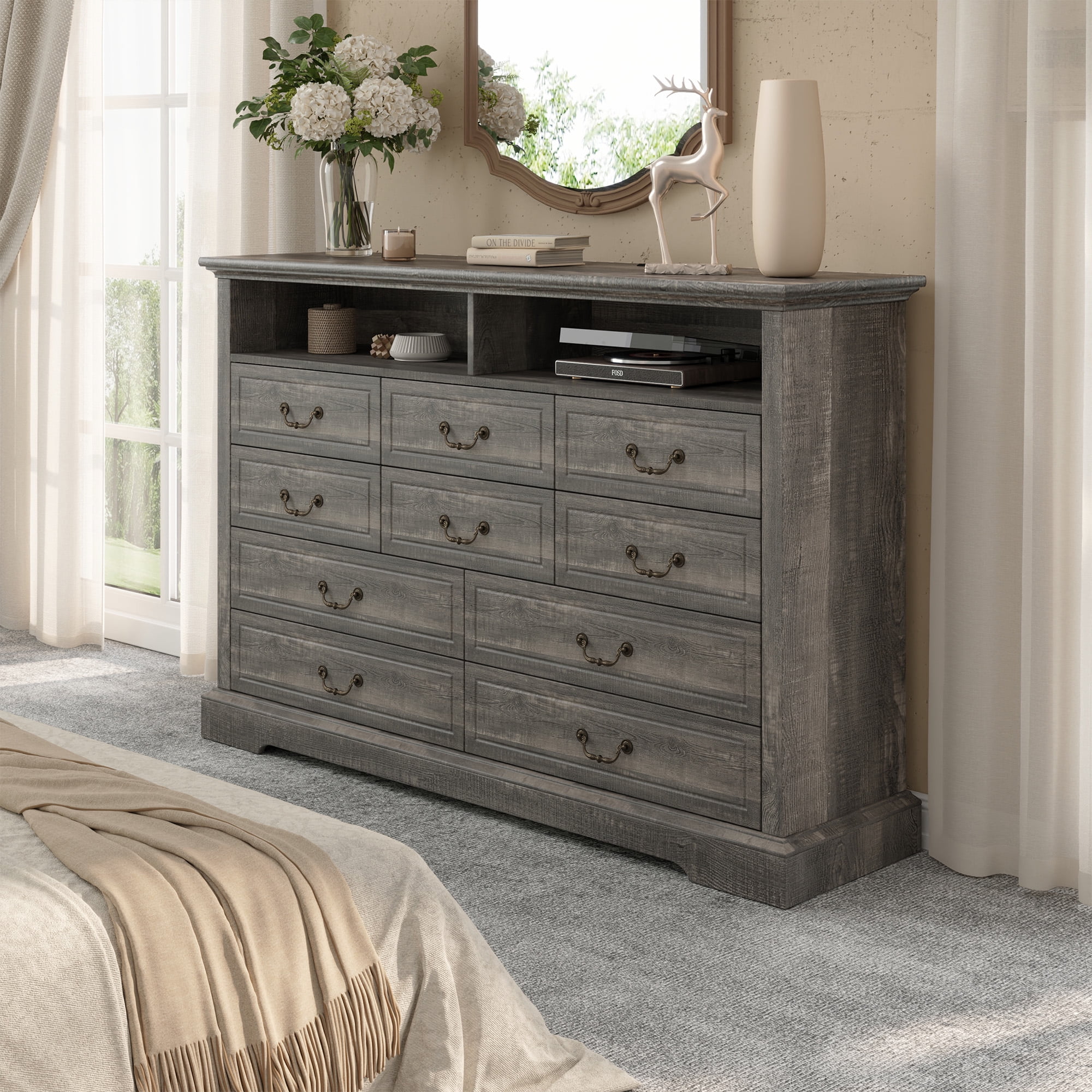 EnHomee Wood Dresser 10 Drawers Dressers for Bedroom with LED Lights and Power Outlets,Rustic Oak