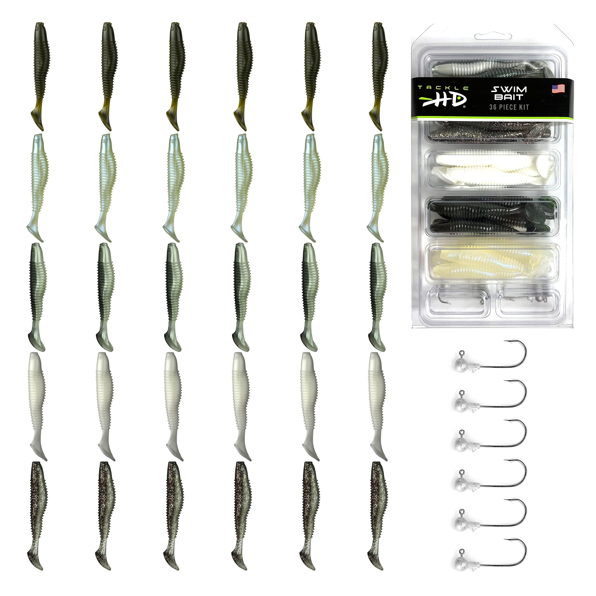 Tackle HD Swim Bait 36Piece Bass Fishing Soft Plastic Lure Kit with