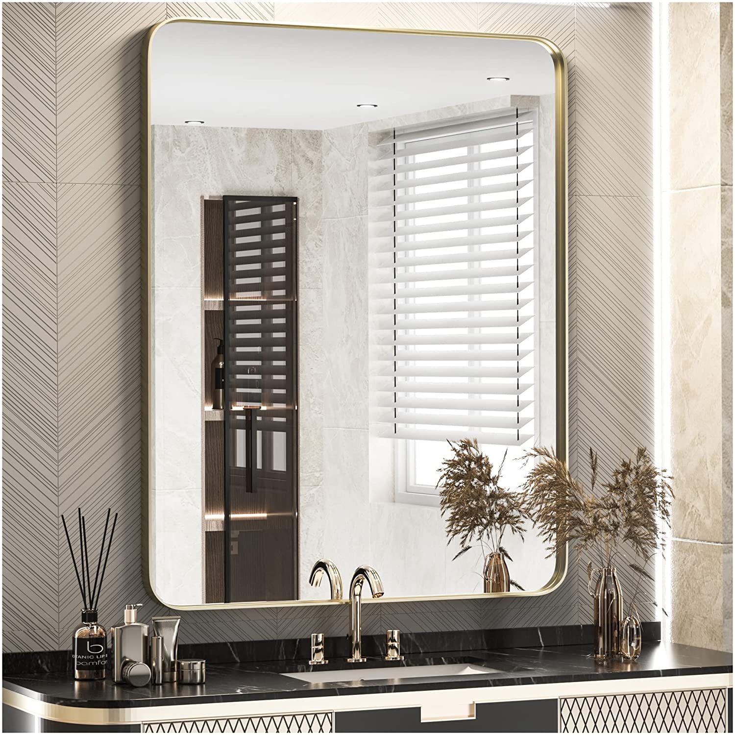 Tetote Brushed Gold Bathroom Mirror, 24x36 Inch Metal Framed Mirror