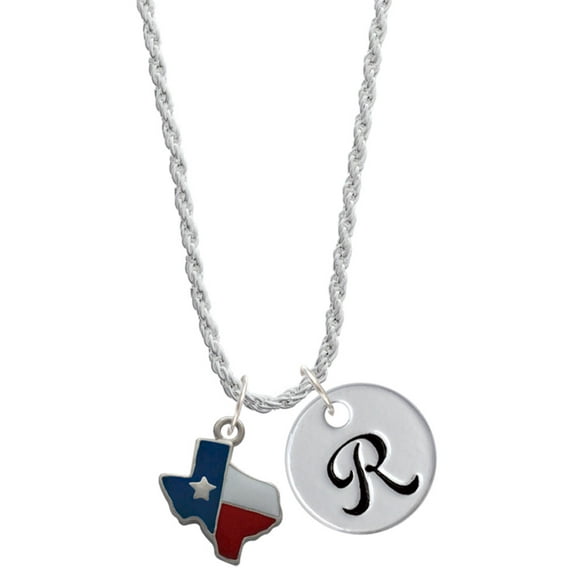 Delight Jewelry Silvertone Enamel Lone Star Texas Silvertone Script Initial Disc - R - Charm Necklace, 20"+3"