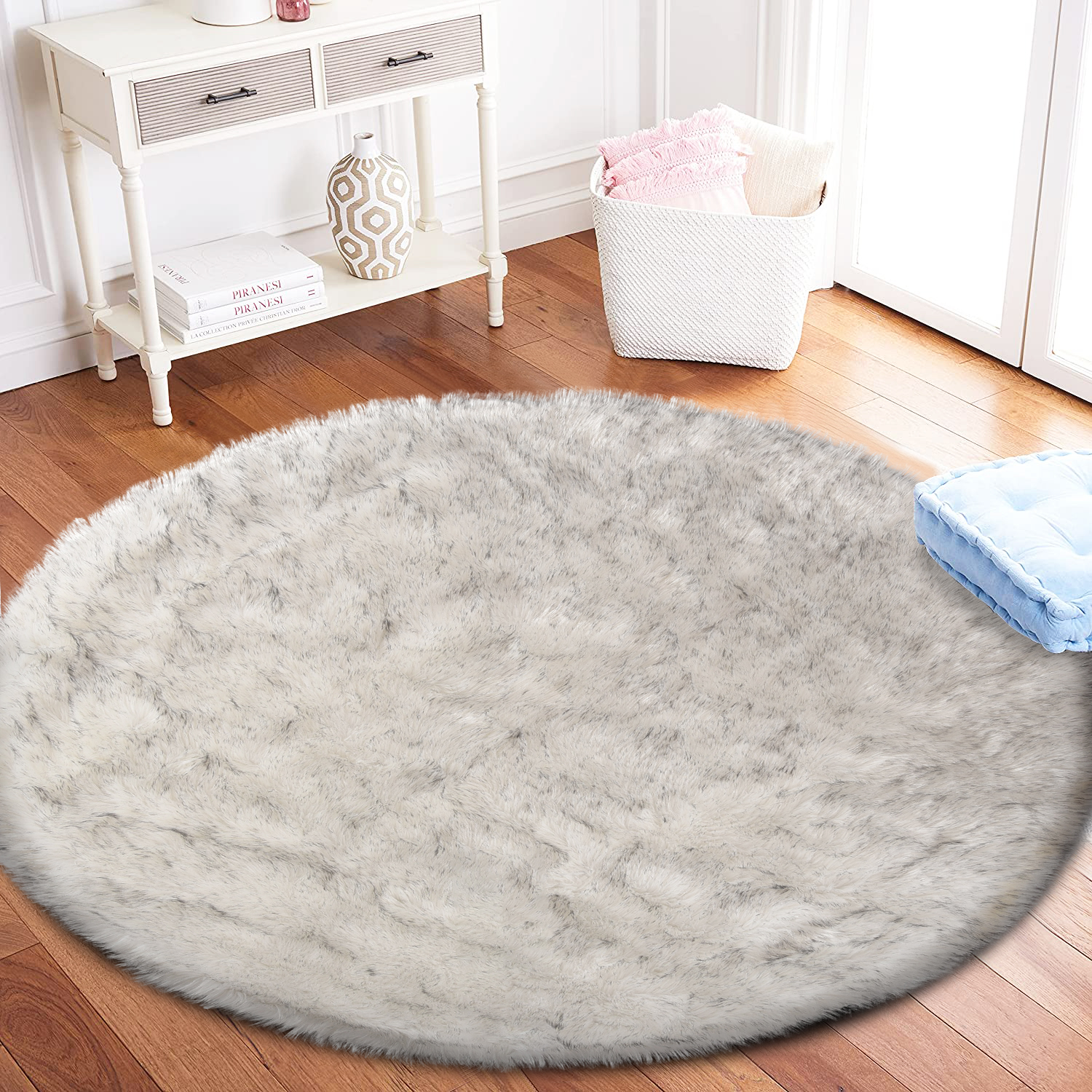 Latepis White with Grey Tips Fur Round Rug 3 ft, Faux Sheepskin Circle