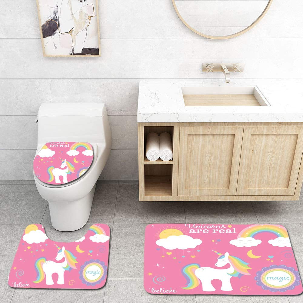 Unicorn Shower Curtain Bathroom Rug Set Bath Mat Non-Slip Toilet Seat Lid Cover 