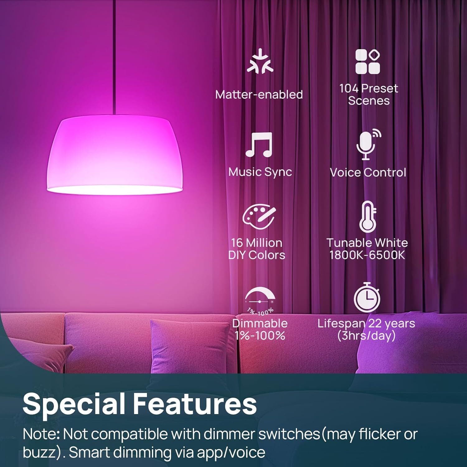 Smart Light Bulbs, Linkind Matter Wifi Color Changing LED Light Bulbs, 11W (75Watt Eqv), 1100LM A19 E26 RGB Dimmable Smart Bulbs Work with Alexa, Google Home, Smartthings, Music Sync, 4 Pack