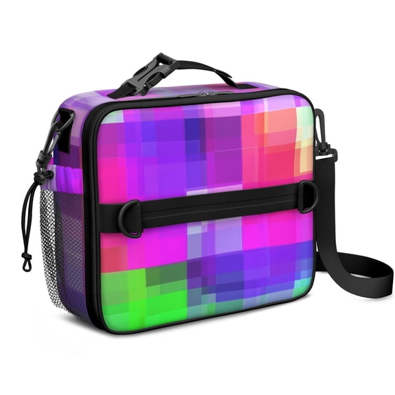 Purple and Pink Checkered Pattern Insulated Lunch Bag with Shoulder Strap and Bottle Holder,Bento School Lunch Bag Box,11x9.5x3.5 Inches