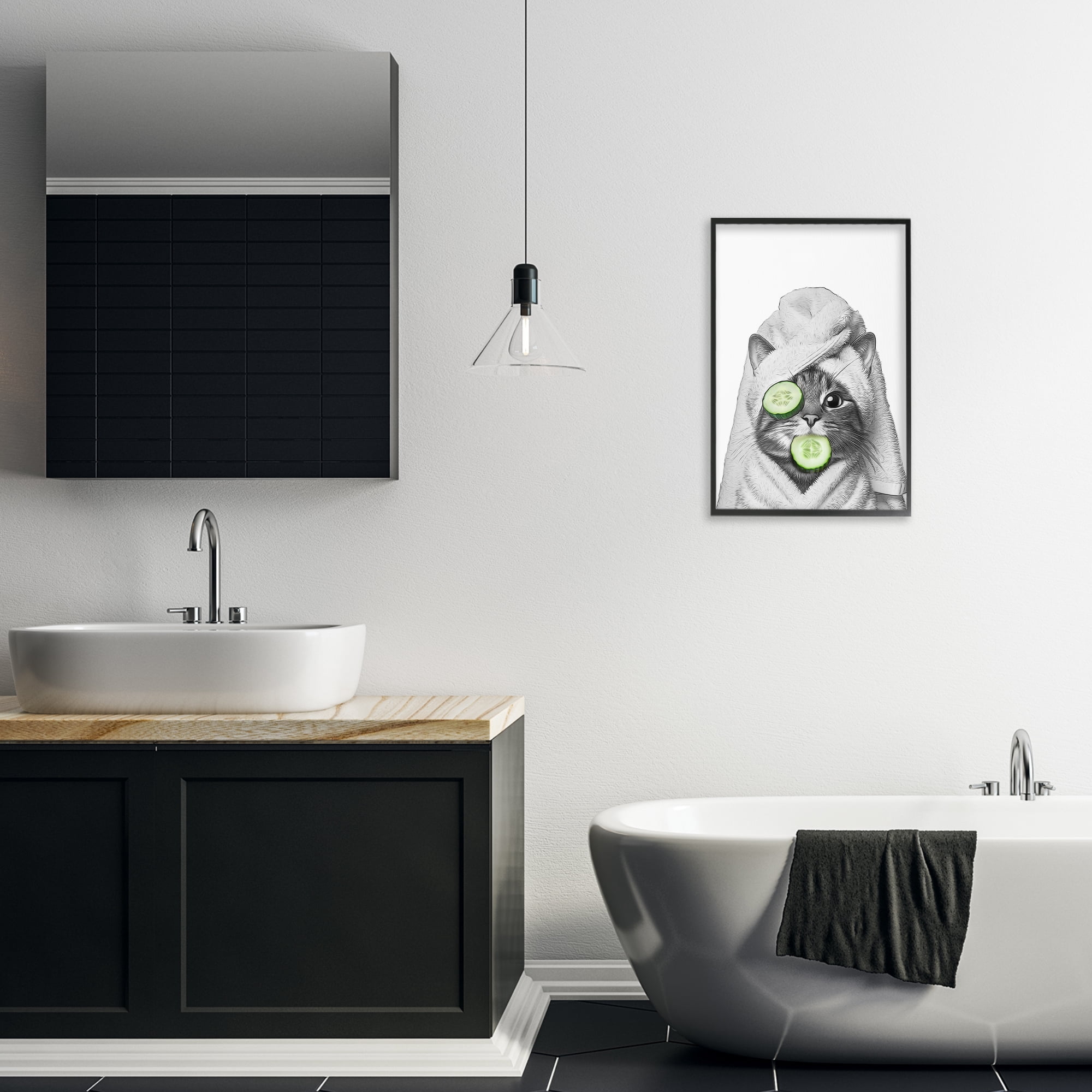 Stupell Industries Spa Bath Day Cat Typography Painting Black Framed Art Print Wall Art, 16 x 24