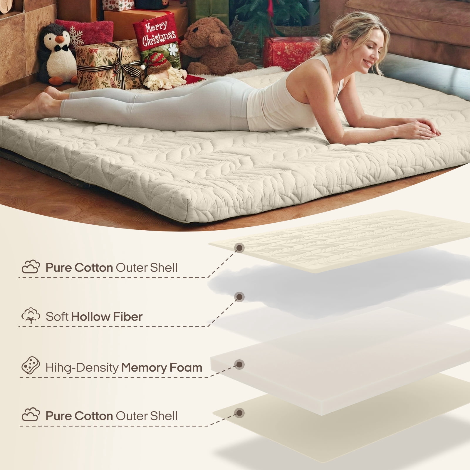 Zonli Japanese Floor Mattress Futon, Foldable Tatami Mat with Cotton Cover, Full 75"x54", Khaki