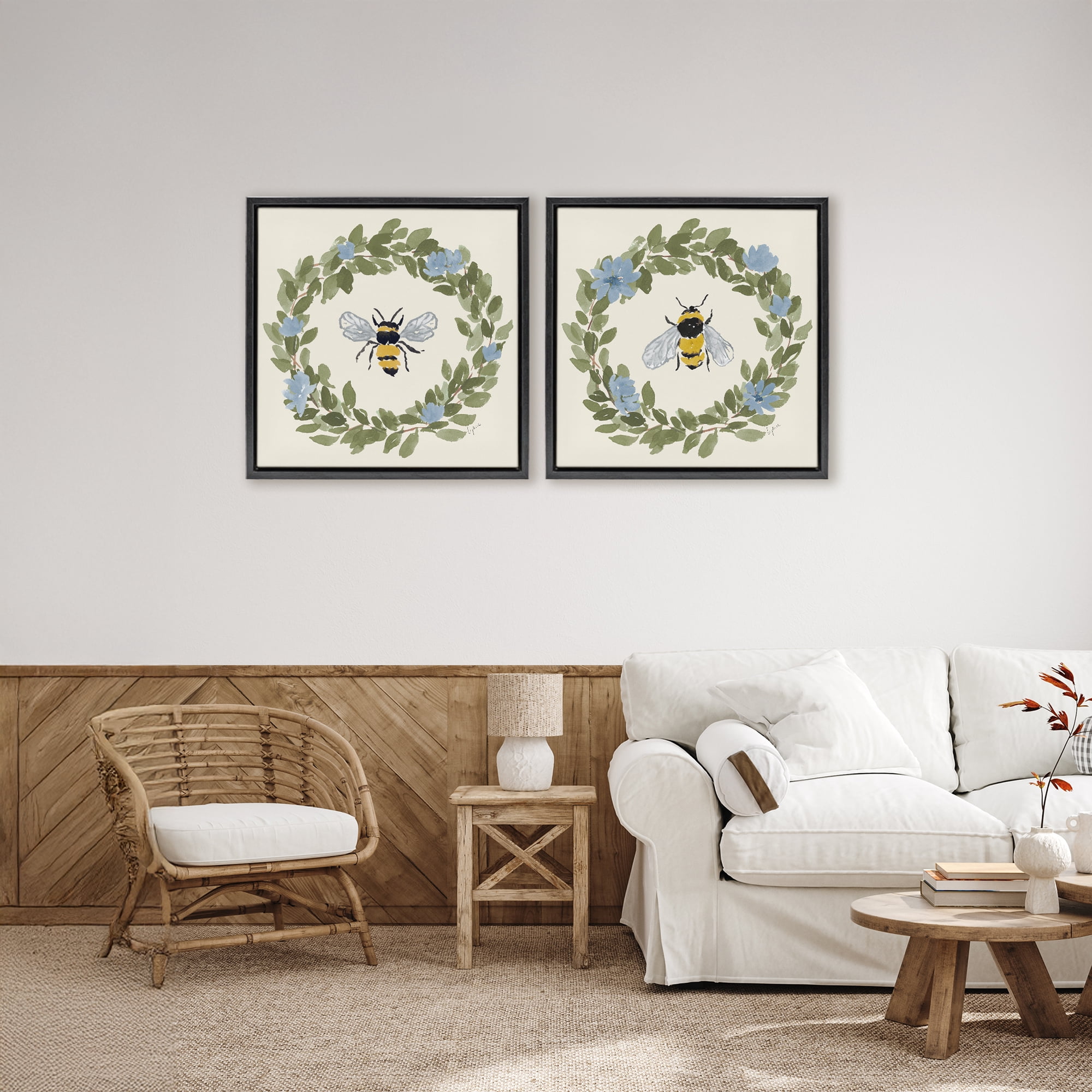 Stupell Industries Bee Floral Celebrations 2 Piece Black Framed Floater Canvas Set, design by Lucille Price
