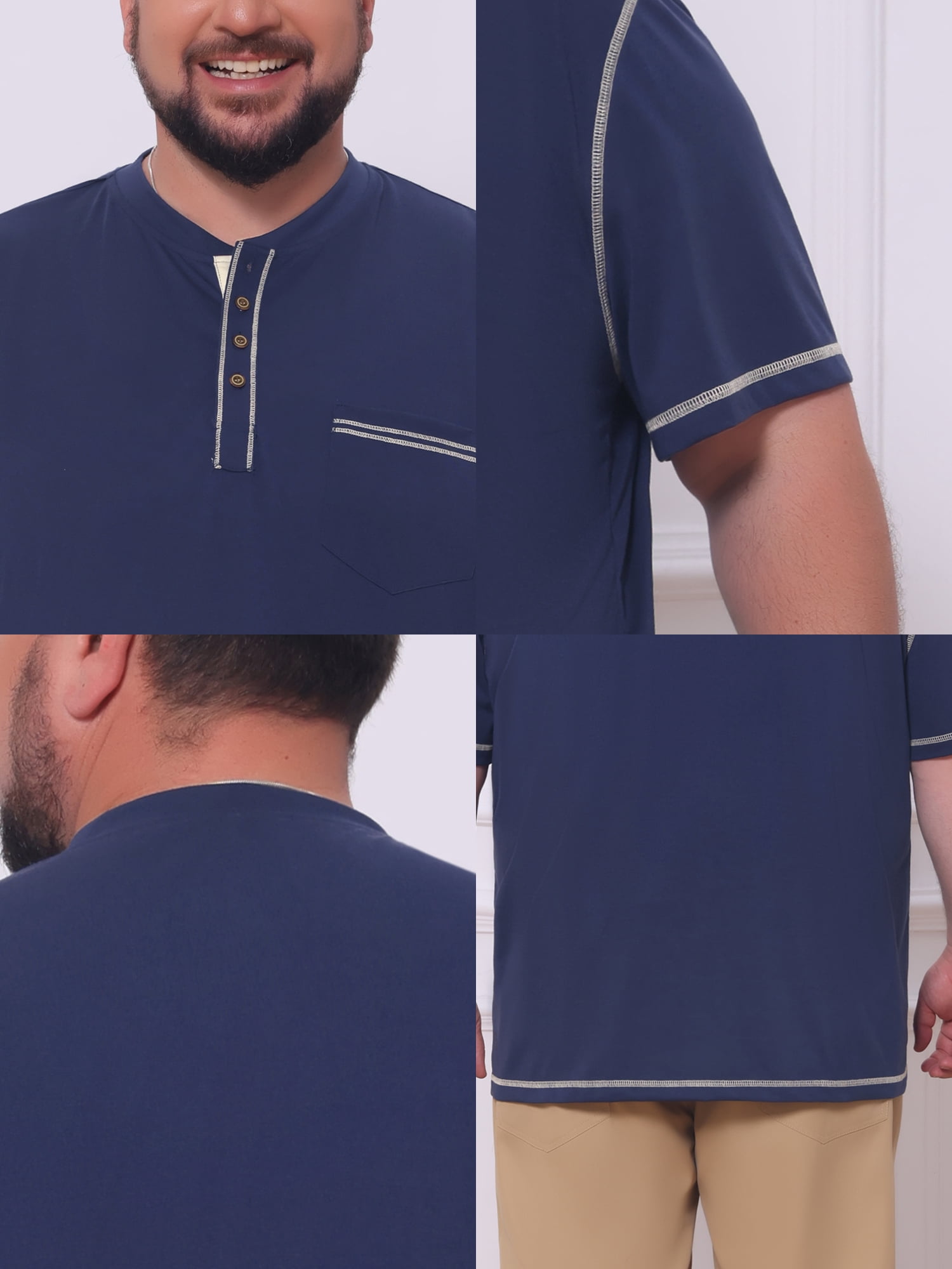 DARING DIVA Men's Big Tall Contrast Trim Button Down Short Sleeve Shirts 5XL Dark Blue