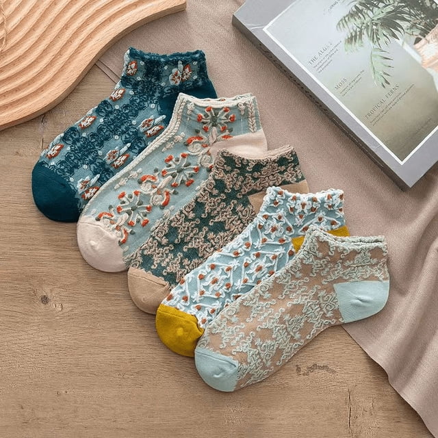 Calcetines Vintage Calcetines Cortos para Mujer Calcetines Náuticos Estilo Corte Artístico Calcetines Florales de Moda Calcetines de Verano para Mujer Algodón Transpirable Dulce