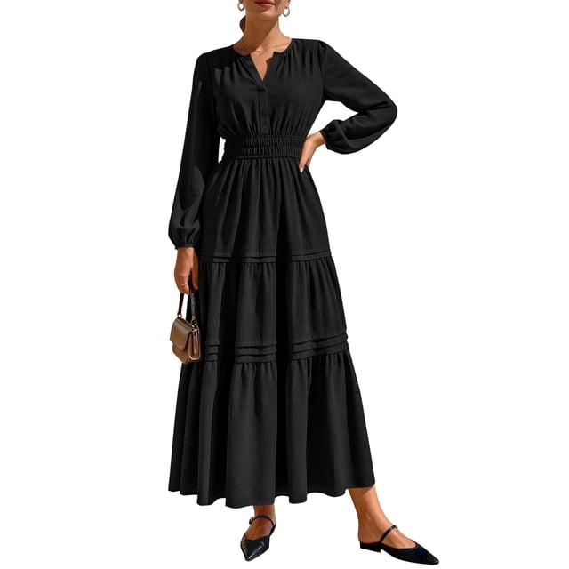 Vestido PRETTYGARDEN 2025 Maxi Cuello en V Manga Larga Negro Talle L