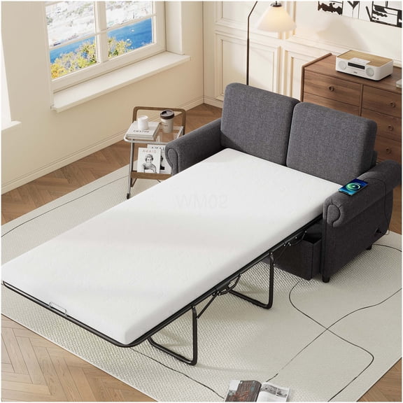 Grey Linen Pull Out Sofa Bed with Twin Memory Foam Mattress and USB Charging Ports for Living Room