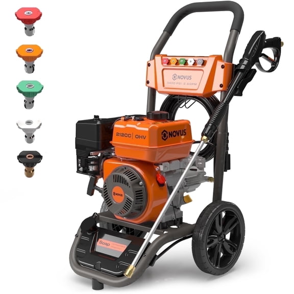 NOVUS Gas Pressure Washer 3400 PSI 2.6 GPM 212cc Engine with 30FT Hose, 5 Quick Connect Nozzles, Onboard Soap Tank, Spray Gun and Wand