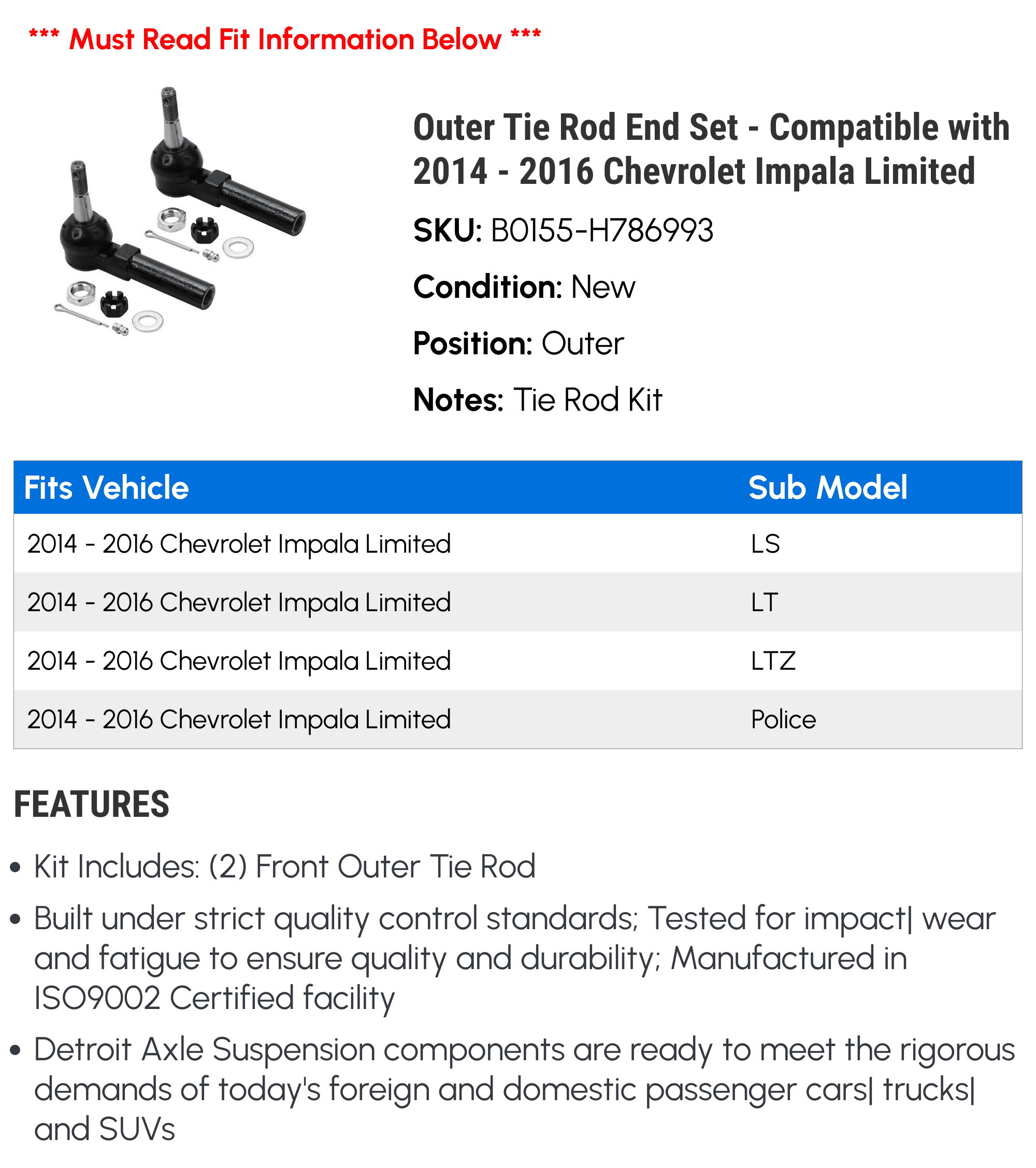 Outer Tie Rod End Set - Compatible with 2014 - 2016 Chevy Impala Limited 2015