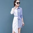 thumbnail image 3 of Women Asymmetrical Stripe Shirt Dress with Belt Evening Party Beach Long Sleeve Above Knee Dress Vestidos, 3 of 6